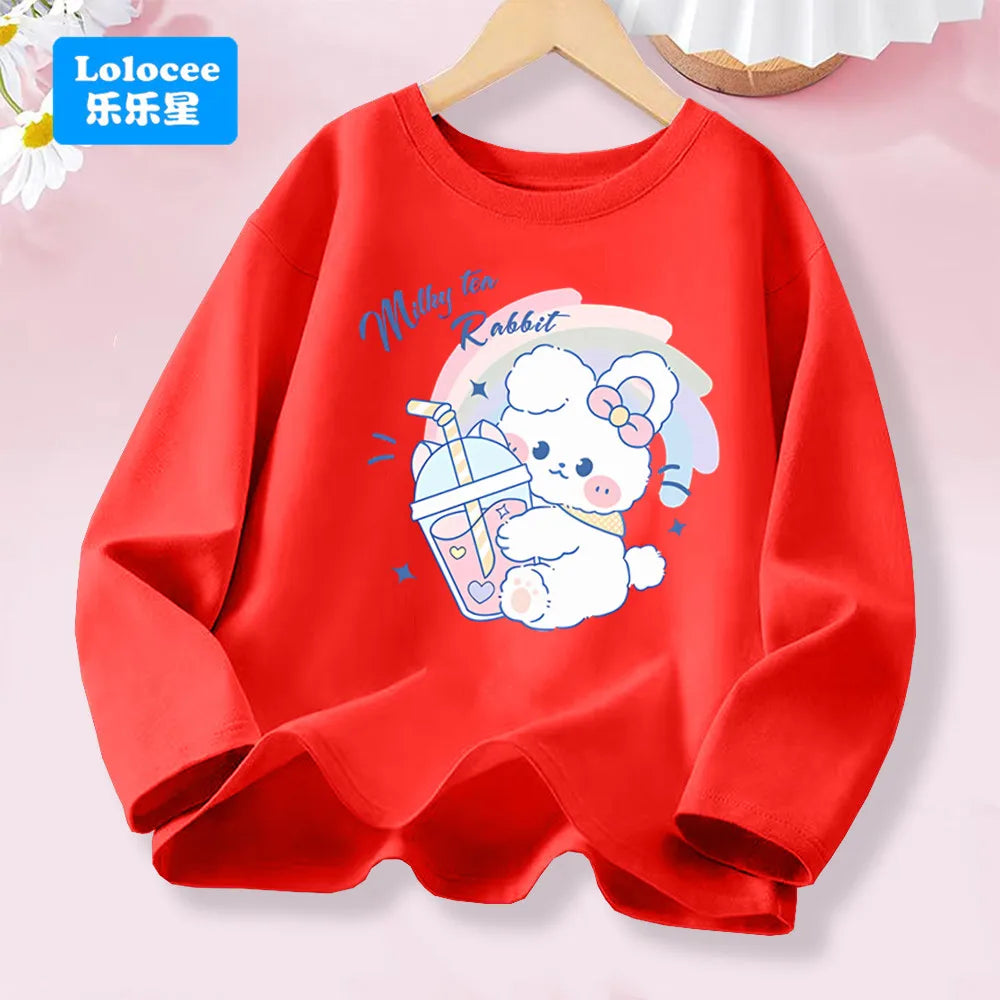 3-14years Girls' Pink Long Sleeve T-shirt - Cute "FRESH" Drink & Animal Print Kids Cotton Top 2026 Spring New