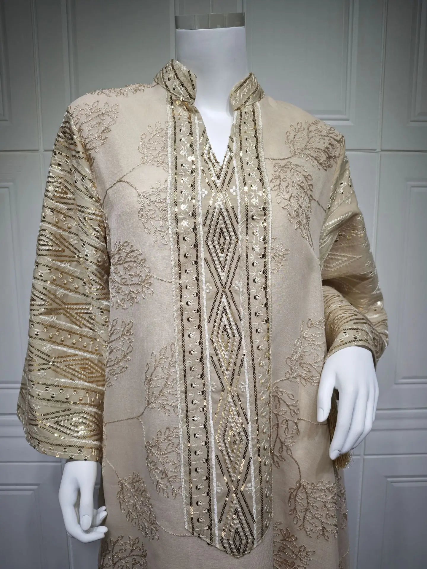 Elegant Beige Abaya for Islamic Ladies Intricate Gold Embroidery idea for Festivities and Religious Ceremonies in Middle East