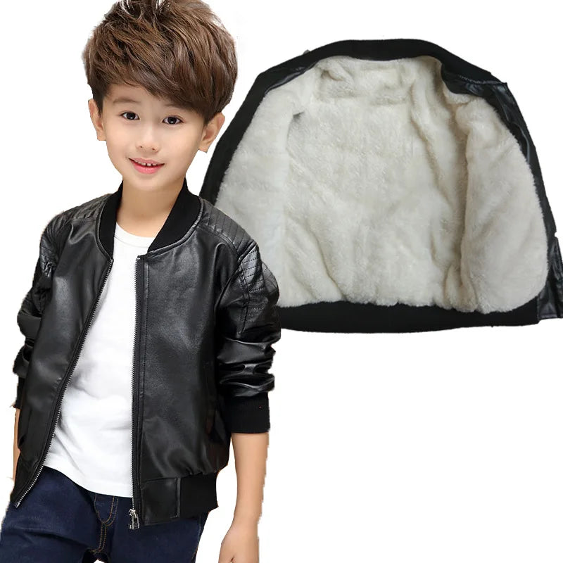 Kids Plus Velvet PU Leather Jacket (2–14Y)