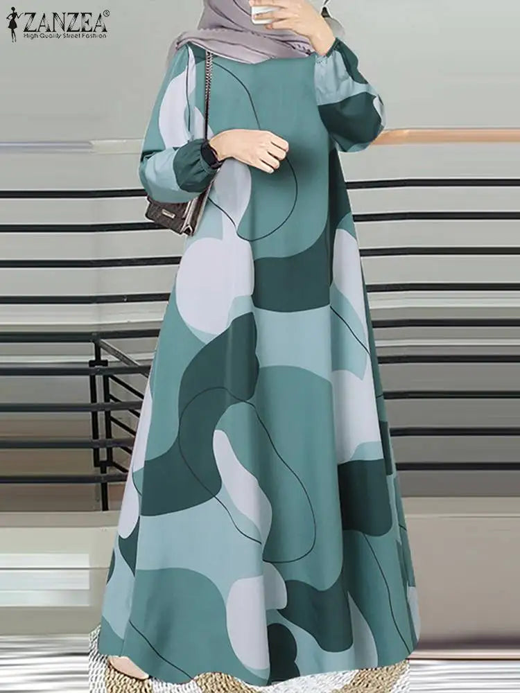 ZANZEA Muslim Fashion Color Block Long Dresses Women Elegant O Neck Long Sleeve A-line Vestidos Casual Loose Islamic Abaya Robes