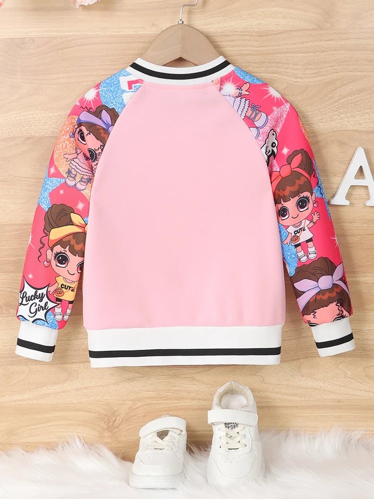 Girls Letter "A" Pattern Cartoon Doll Print Baseball Uniform Jacket, Children's Spring and Autumn Casual Jacket