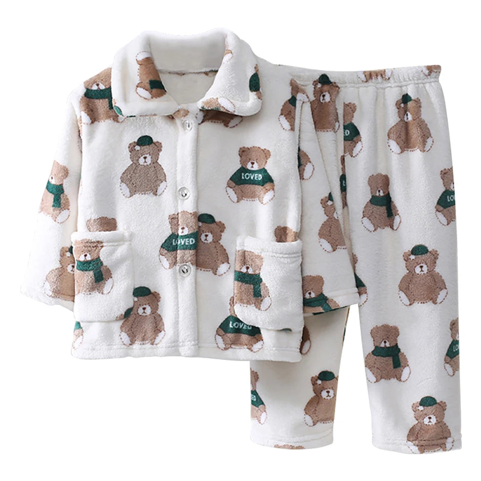 Cute Cartoon Pattern Coral Fleece Flannel Pajama Sets for Boys And Girls Long Sleeve Warm Comfortable Winter Sleepwear