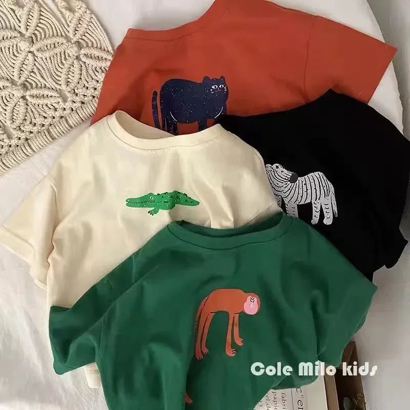 Korean Streetwear Vintage Cartoon Print Unisex Kids T-Shirts 100% Cotton Oversized Summer Tees for Boys & Girls 1-7Years