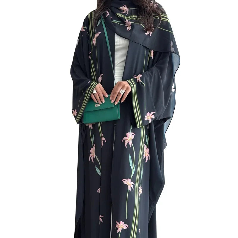 Modest Floral Print Open Cardigan Headscarf Two-Piece Set Middle East Dubai Abaya Muslim Women's Clothing Fashionable Outerwear