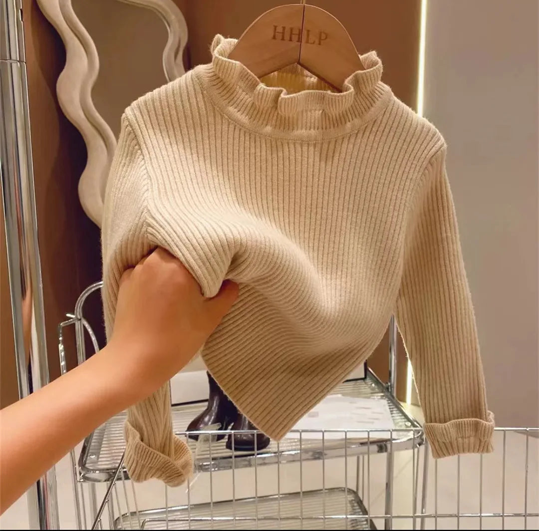 Girls Sweater Winter Fashion High Neck Solid Color Bottom Shirt Children High Elasticity Irregular Collar Knit Pullover