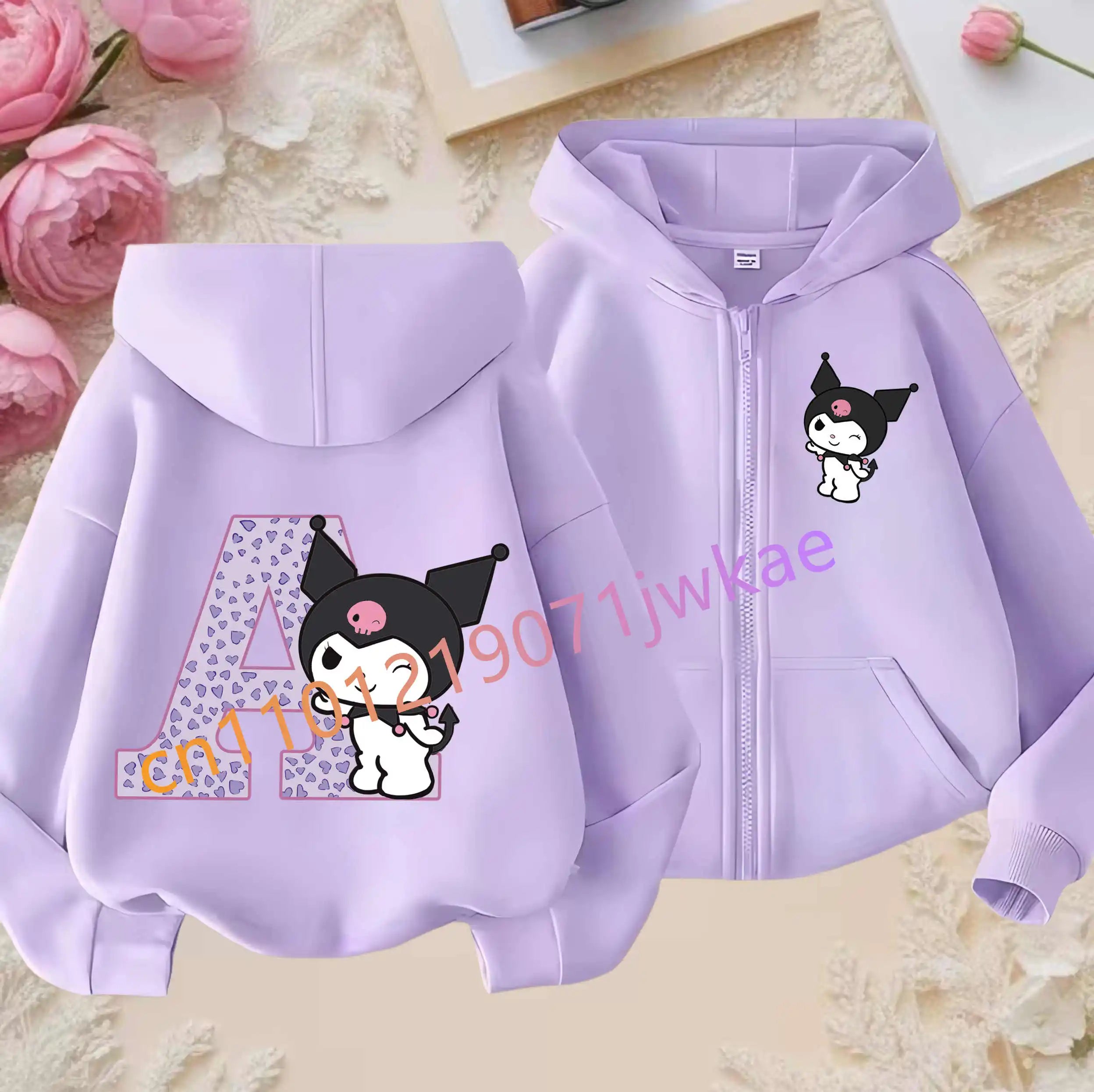 Kuromi Jacket ‌Princess Coat Cartoon Letter A-Z Sanrios Kids Hooded Sweatshirt Cute Tops Outerwear Girl Clothes Birthday Gift