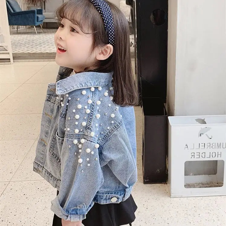 3-10 year old girl denim jacket 2025 new children's pearl long sleeved denim jacket baby Korean version personalized fashioncoat