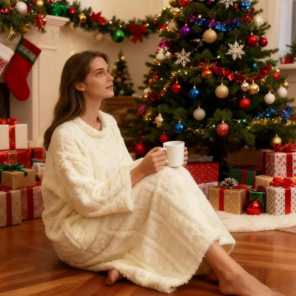 Winter Long Sleeve Double Pocket Flannel Nightgowns Women Loose Solid Sleepwear Jacquard Night Dress Thickened Warm Nightdress