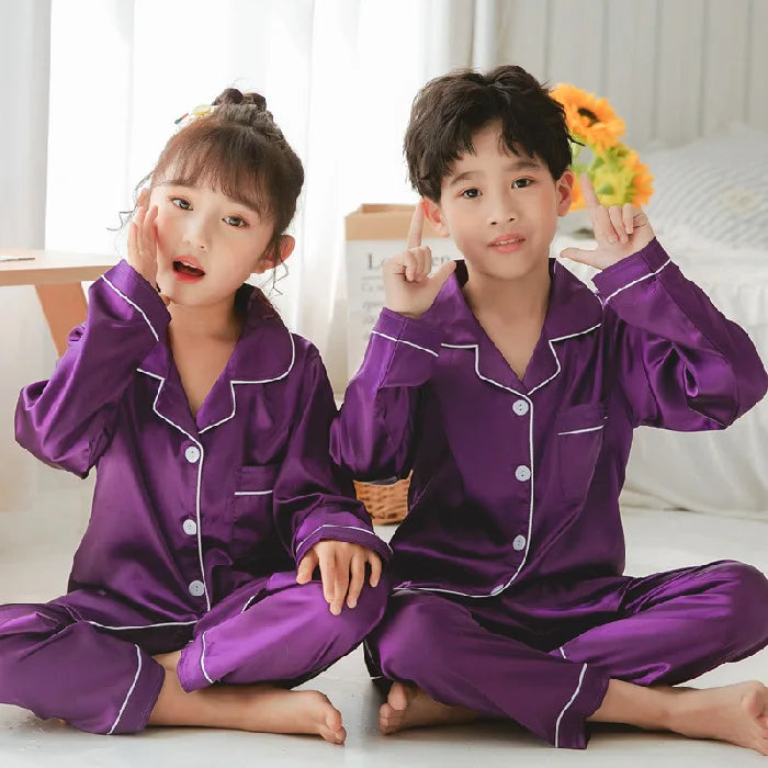 Satin Silk Pajama Set for Kids Boys Girl Long SLeeved Pijamas Children Silky Loungewear Teen Girl Pjs 2 to 4 6 8 10 12 14 Years