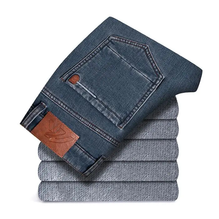 Winter Warm Men's Jeans Fleece Thickened Elastic Smoke Gray Black Business Straight Casual Denim Pants Brand Man PlushClothes