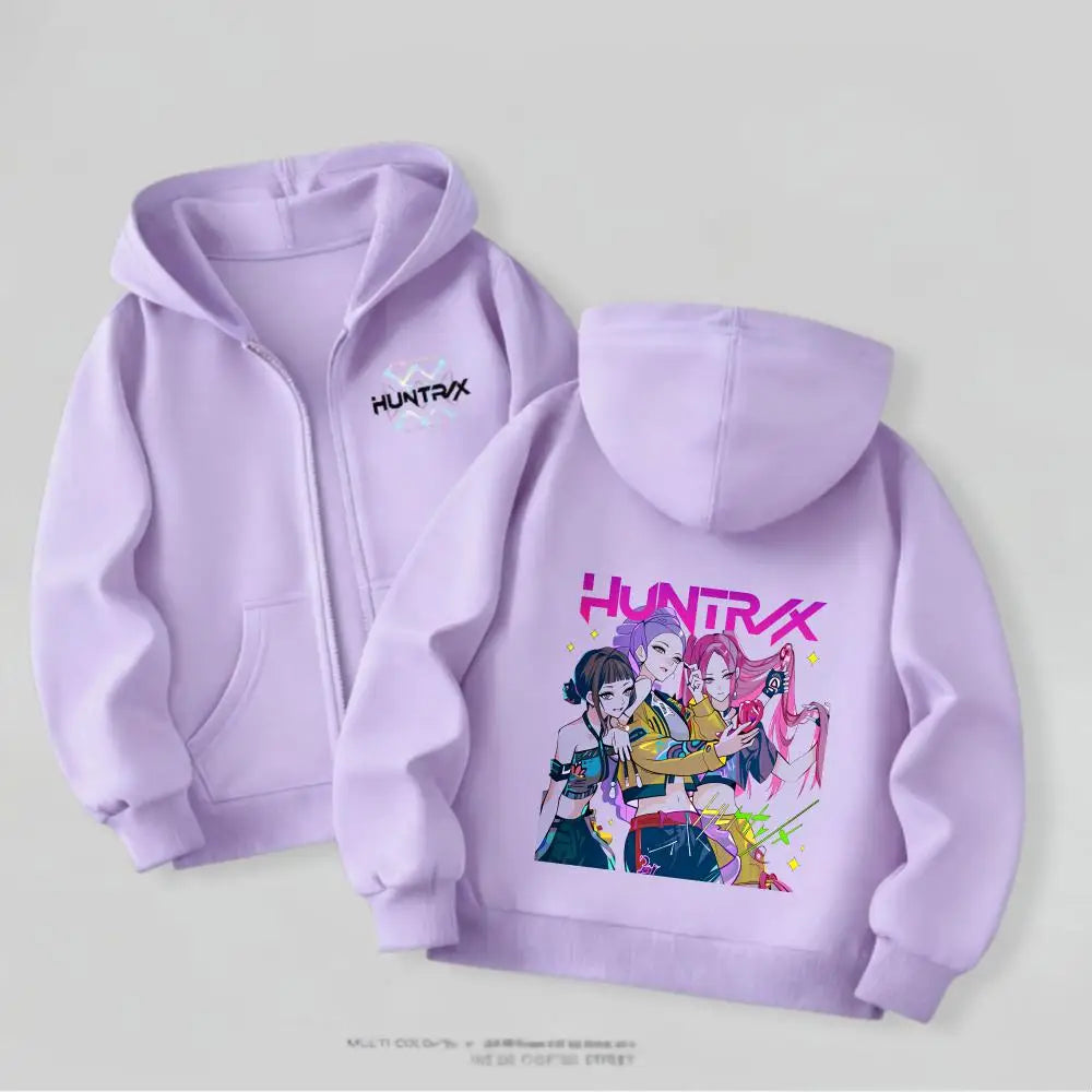 Kpop Demon Hunters Girls Hooded Jacket Spring New Kids Clothing Casual Cartoon Outerwear Children's Clothes Fashion Coats Thin