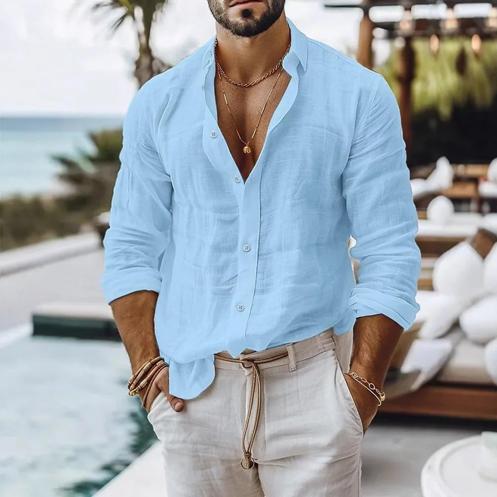 Cotton Linen Shirt for Men Summer Beach Style Solid Color Single Breasted Breathable Shirts Lightweight Stylish Button Tops