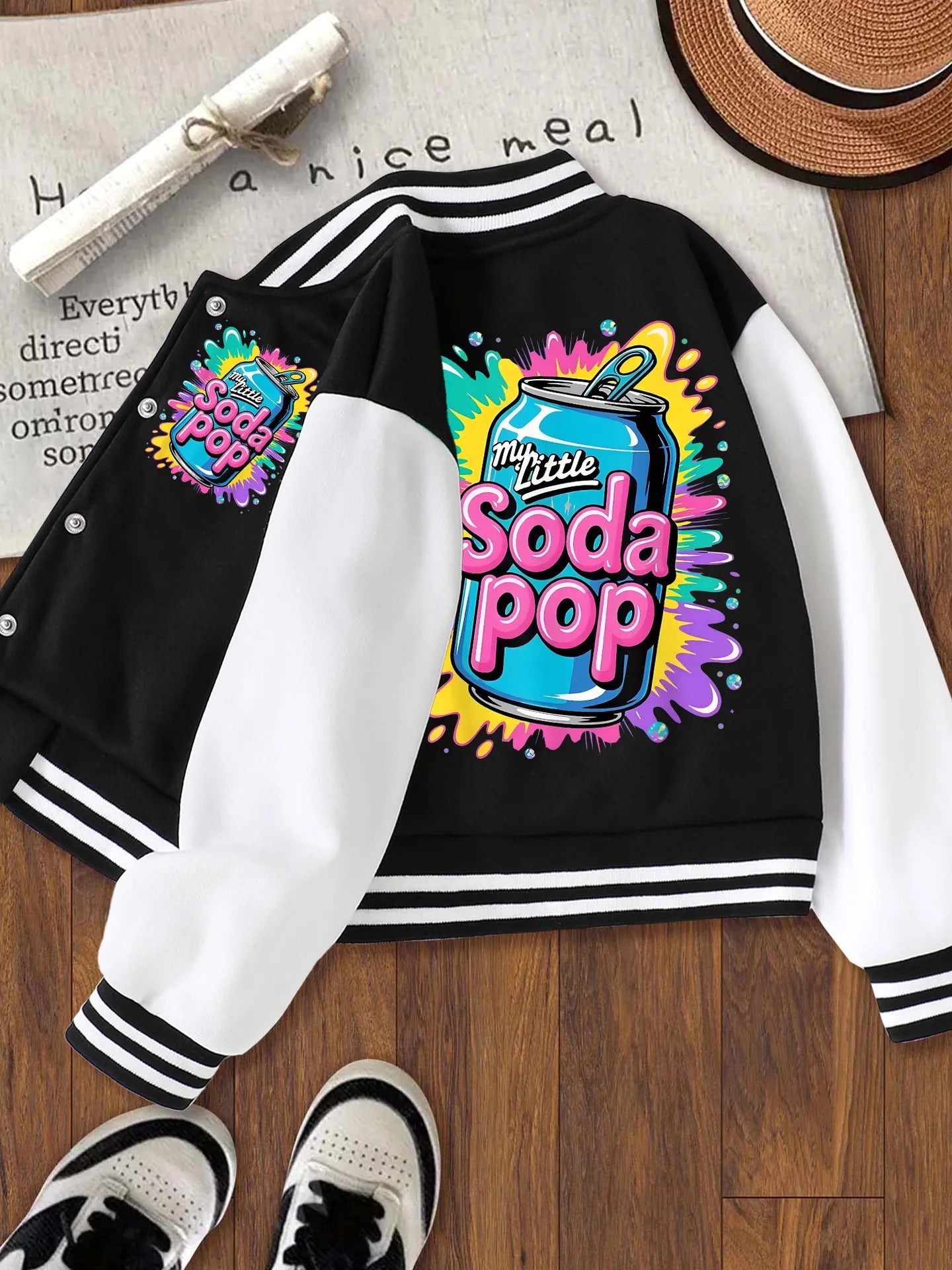 Children's Ins Style Baseball Jacket for Girls, Casual Sports School Clothes, Soda Can Print Jacket, Suitable for Kids Aged 4-14, Short Jacket