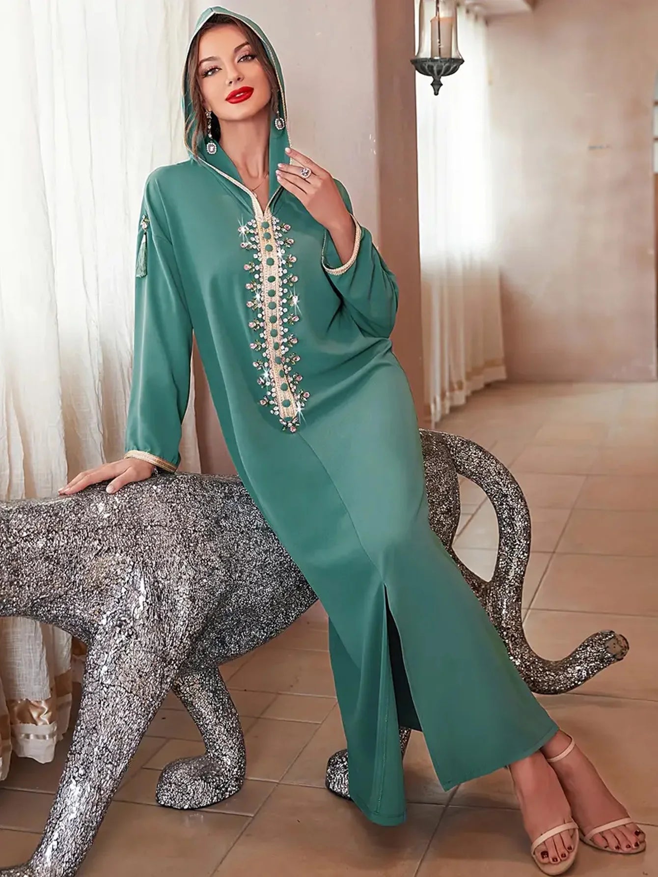 [Rhinestone Kaftan Dress] Elegant Rhinestone Hooded Kaftan Dress - Long Sleeve Ankle Length Women's Clothing