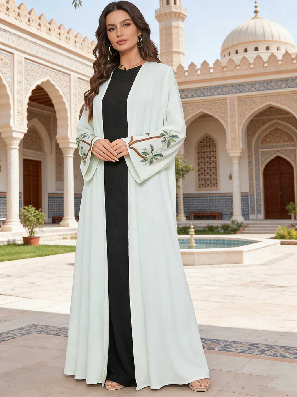 Elegant Abaya Palm Tree Embroidered Sleeves Open-Front Design Women Muslim Turkish Kaftan Ramadan Islam Qatar Arabic Gowns 2026