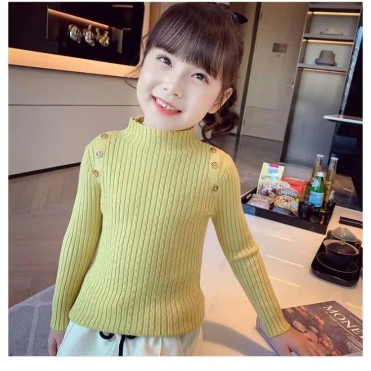 Girls Sweater Winter Decorative Buttons High Neck Solid Color Bottom Shirt Multicolour Children High Elasticity Knit Pullover