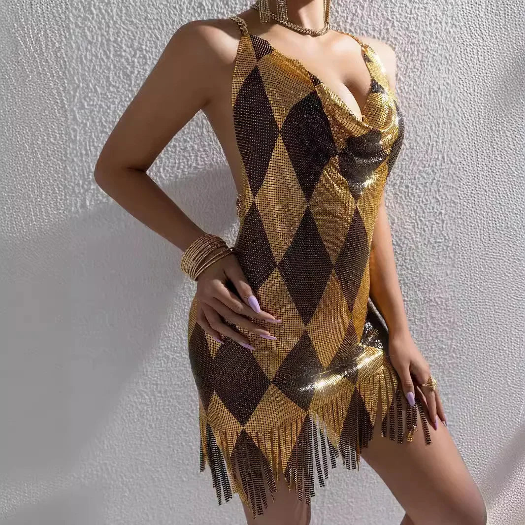 Sexy Metal Splice Backless Fashion Women's Dress Mini Skirt V-neck Sleeveless L22593 Cross-border Summer New Arrival