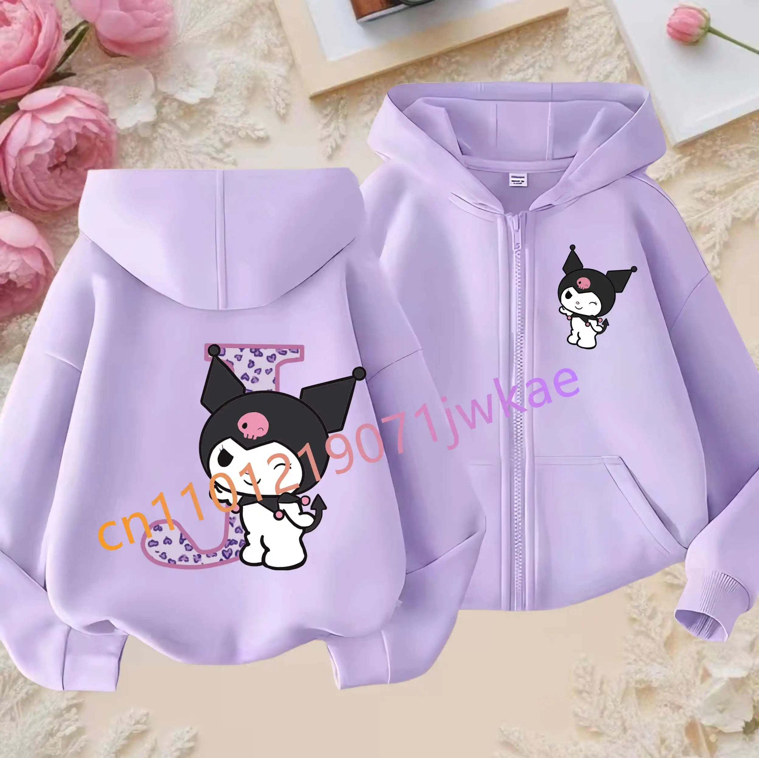 Kuromi Jacket ‌Princess Coat Cartoon Letter A-Z Sanrios Kids Hooded Sweatshirt Cute Tops Outerwear Girl Clothes Birthday Gift