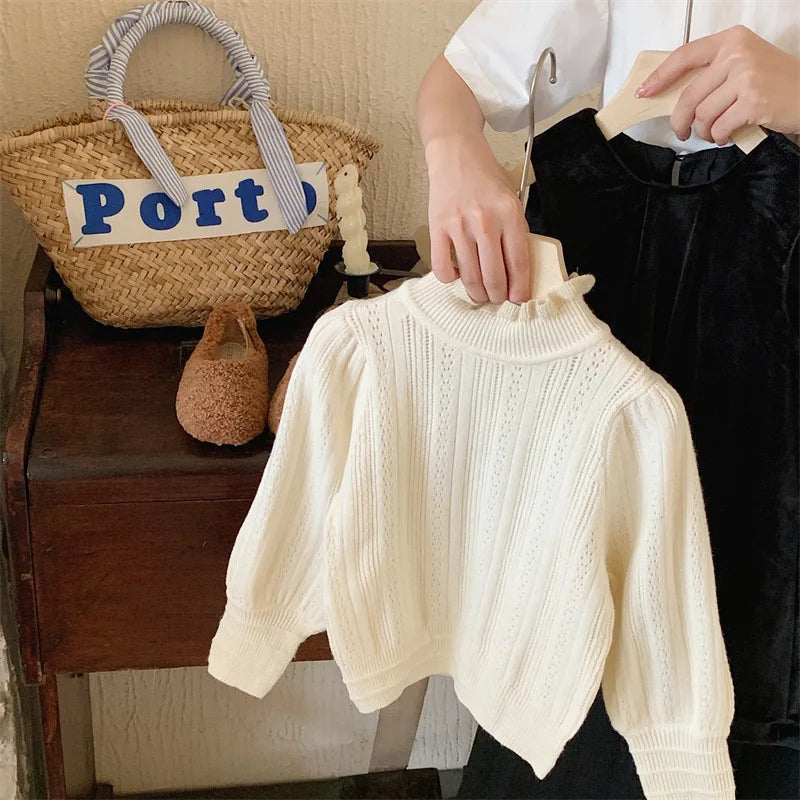 Girls Sweater Autumn Winter Rabbit Velvet Lace Bubble Sleeves Knitted Wool Soft Comfortable Sweet and Cute Daily Temperament