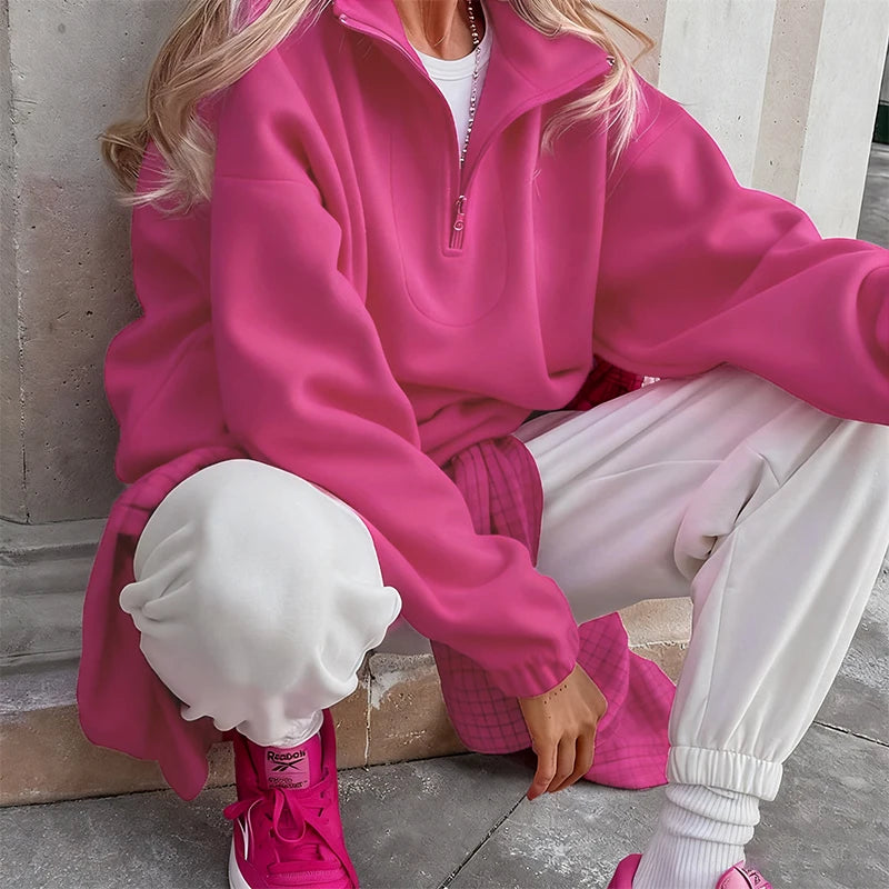 Pink Winter Lamb Fleece Hoodie Women Zipper Lapel Pullover