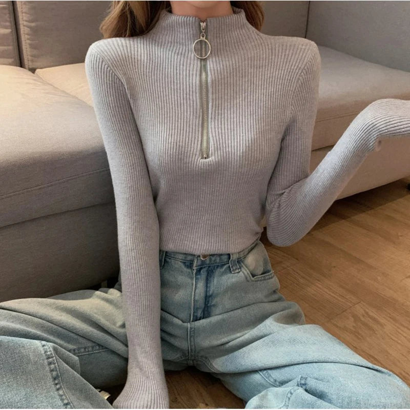 Basic High Neck Zipper Knit Sweater