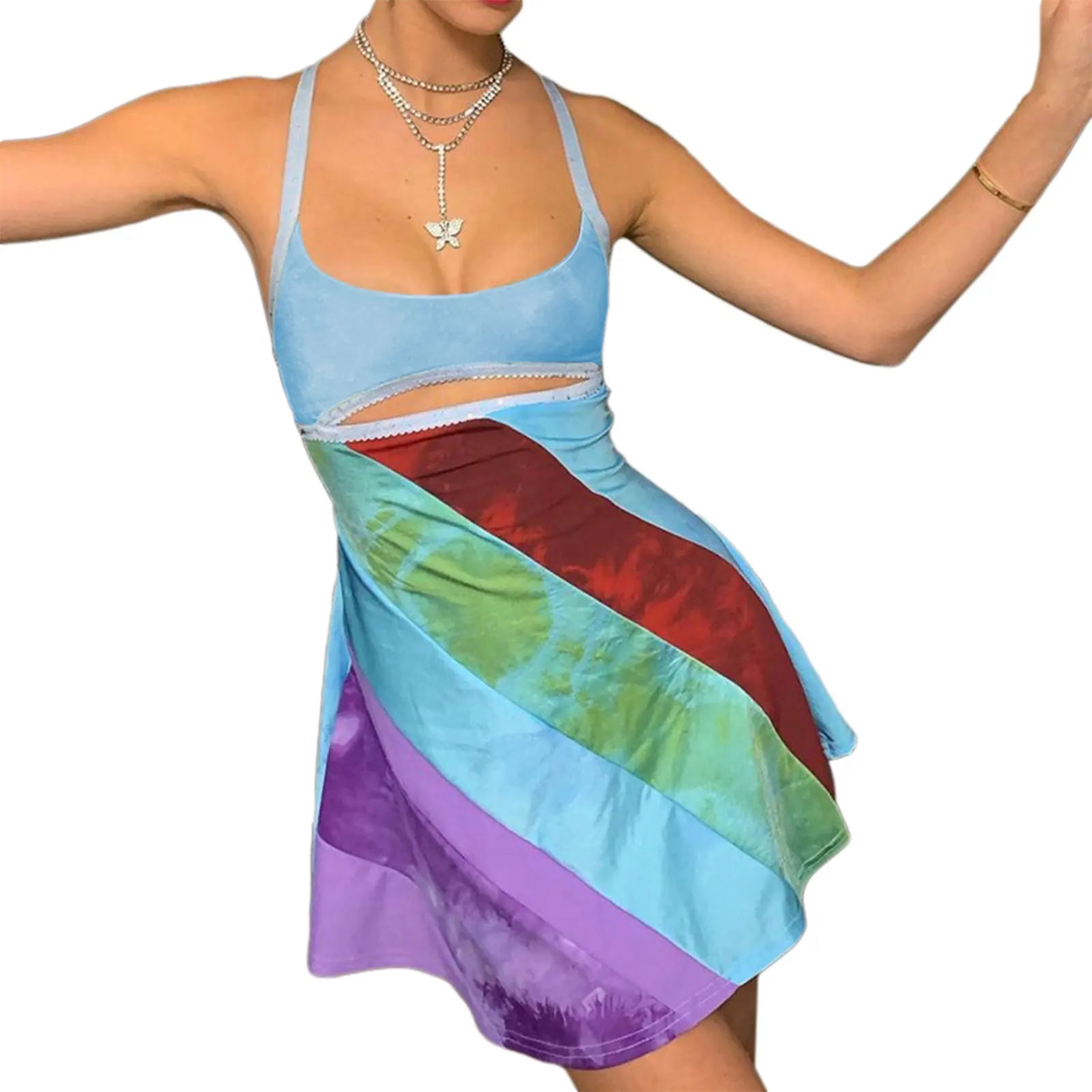 2024 New Women’s Casual Sweet Suspender A-line Dress Fashion Contrast Color U-neck Hollow Short Dress