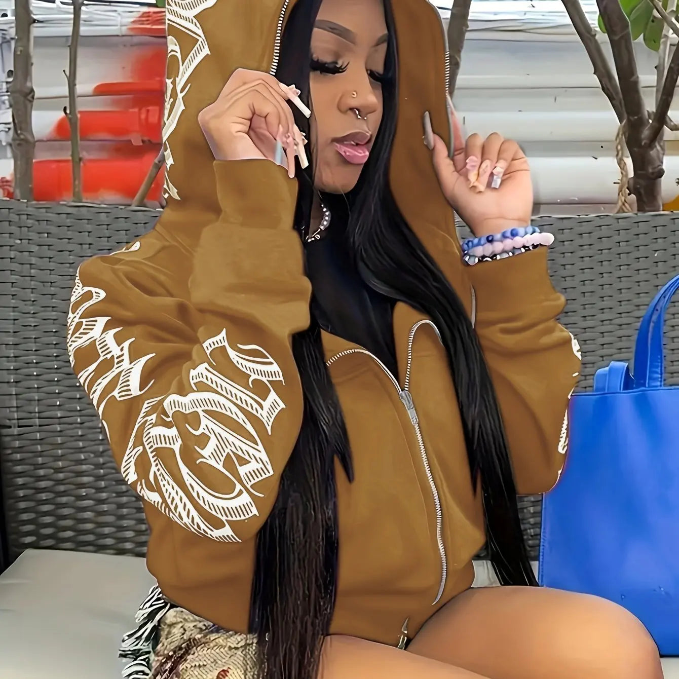 Women’s Letter Print Zip Hoodie