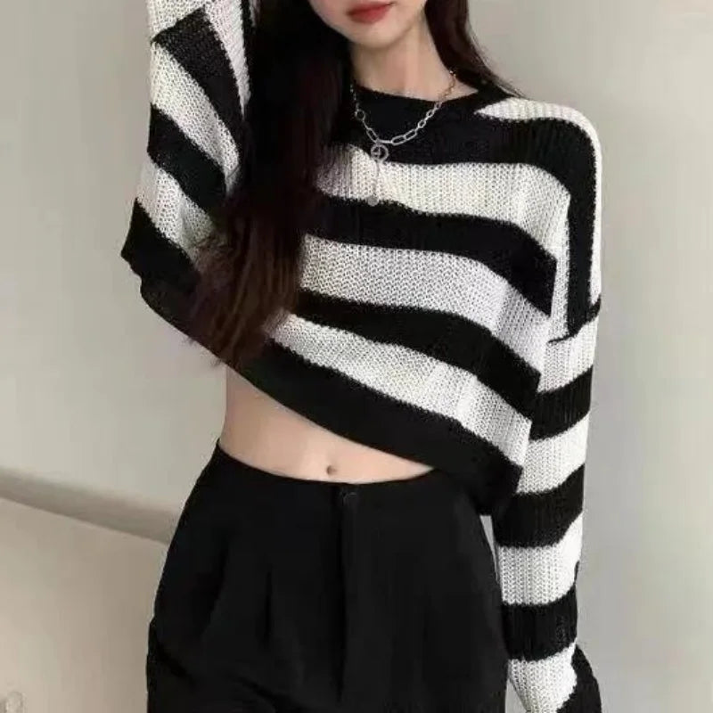 Korean Striped Cropped Knit Sweater