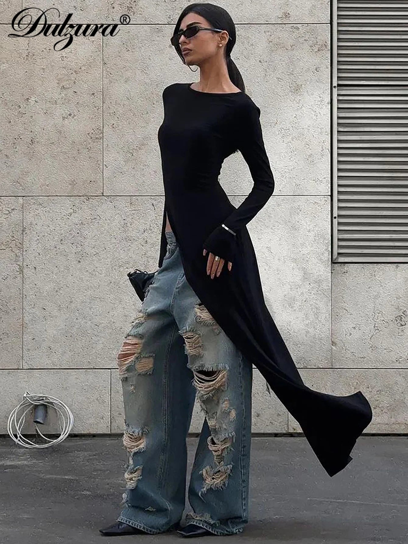 Dulzura Long Sleeves Side High Slit Maxi Dress Solid Sexy Long Dress Women’S Party Club Streetwear Autumn Winter Outfit