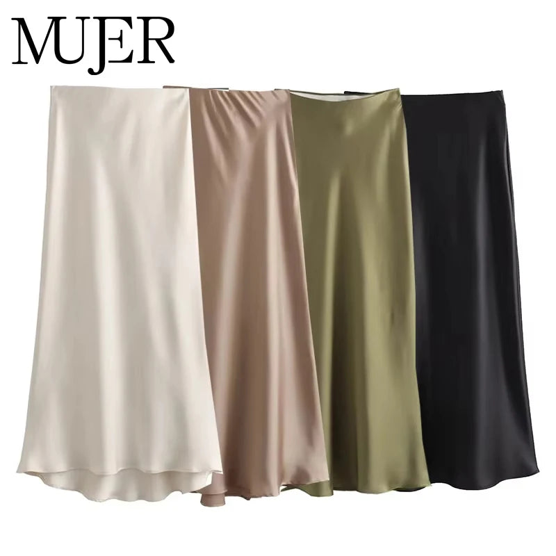 High-Waist Black Satin Midi Skirt