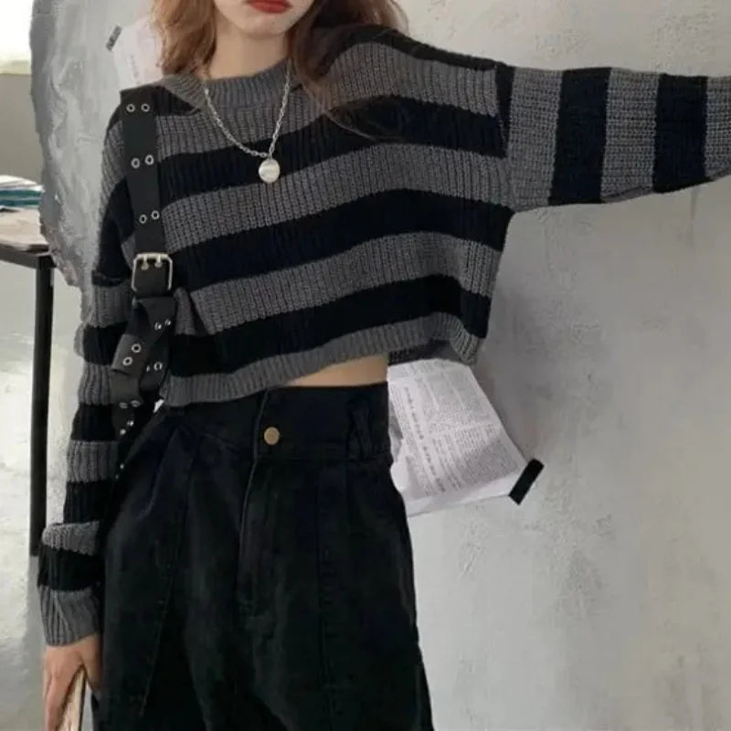 Korean Striped Cropped Knit Sweater
