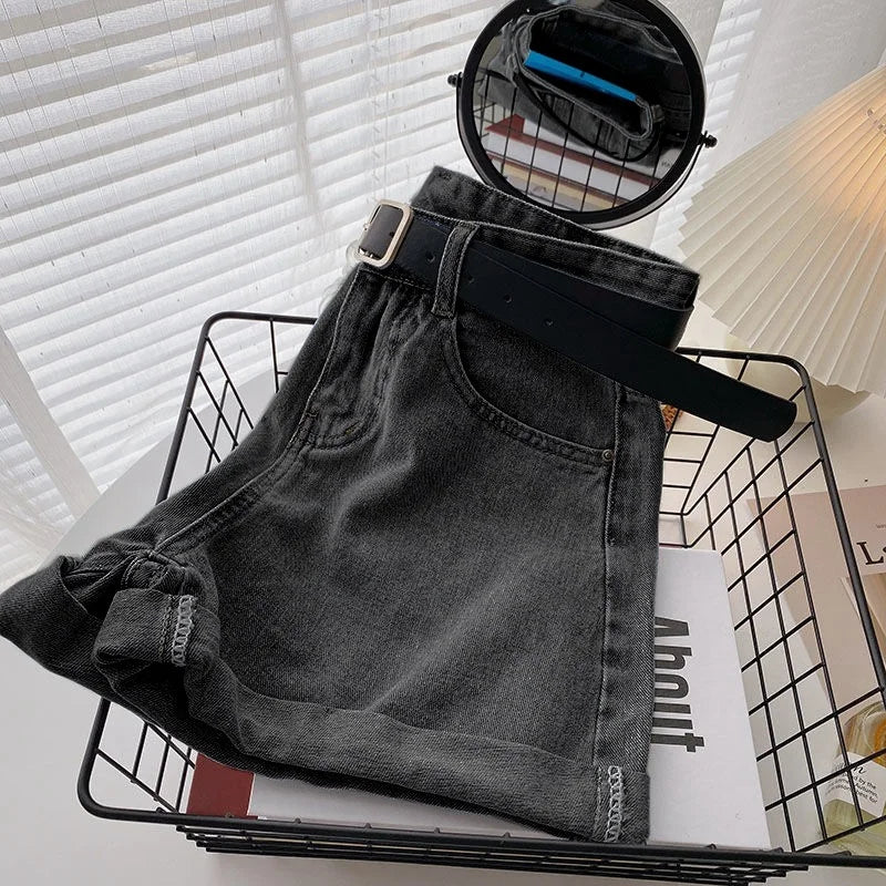 Summer Wide Leg High Waist Denim Shorts With Belt Women Korean Fashion Pocket Hot Pants Streetwear Casual Cowboy Jeans Shorts