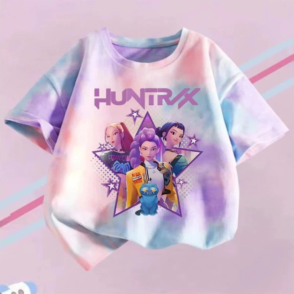 KPop Demon Hunters T-shirt Children Purple Tie-dye Top Girls O Collar Clothing Short Sleeve Tee Kids Summer/Autumn Clothes Gift