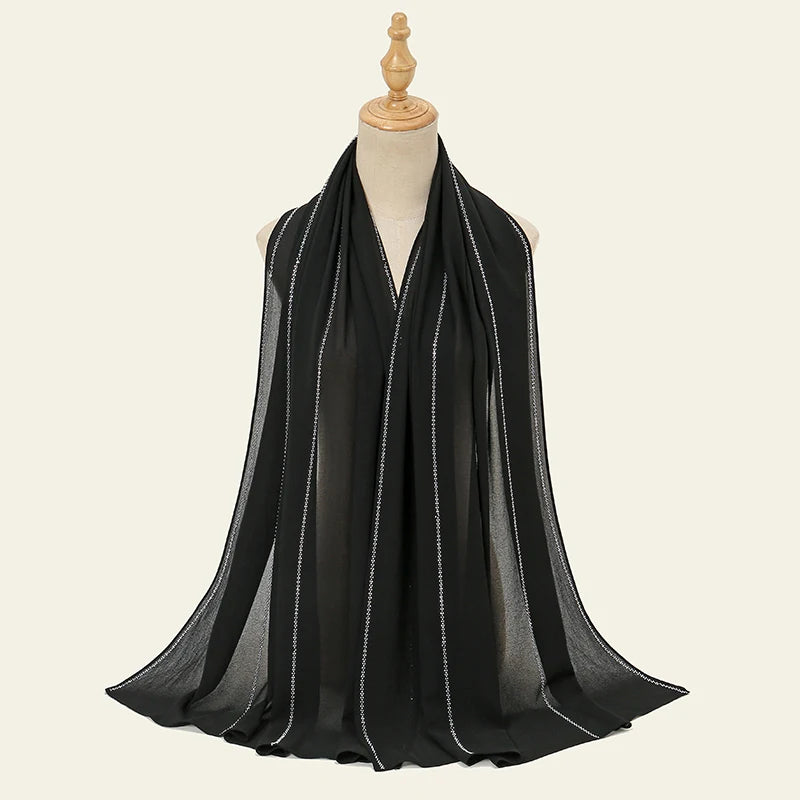 New Diamond Chiffon Hijabs Scarves Women Muslim Shawls Rhinestone Headscarf Wraps Turban Islamic Clothing Solid Bandana Bufandas