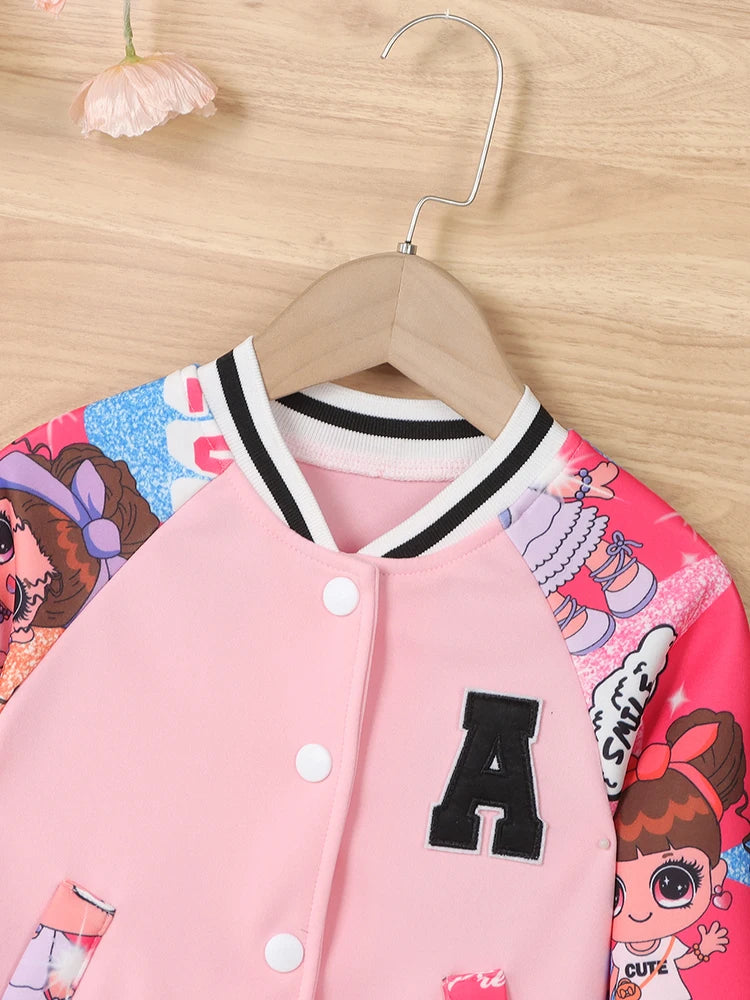 Girls Letter "A" Pattern Cartoon Doll Print Baseball Uniform Jacket, Children's Spring and Autumn Casual Jacket