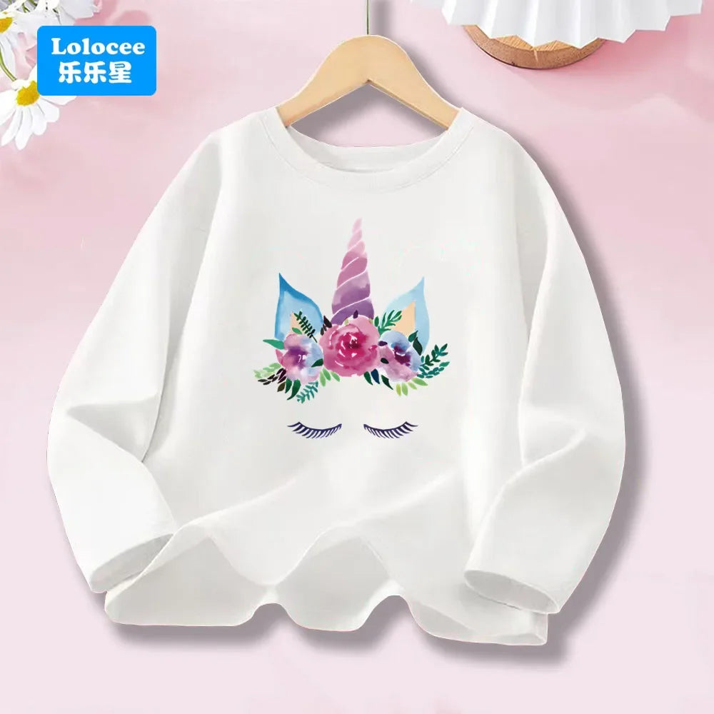 Girls Spring Autumn 8 colors Long Sleeve T-shirt Kids Floral Unicorn Graphic Tops Tee For Kids 3-14years DJSHH1