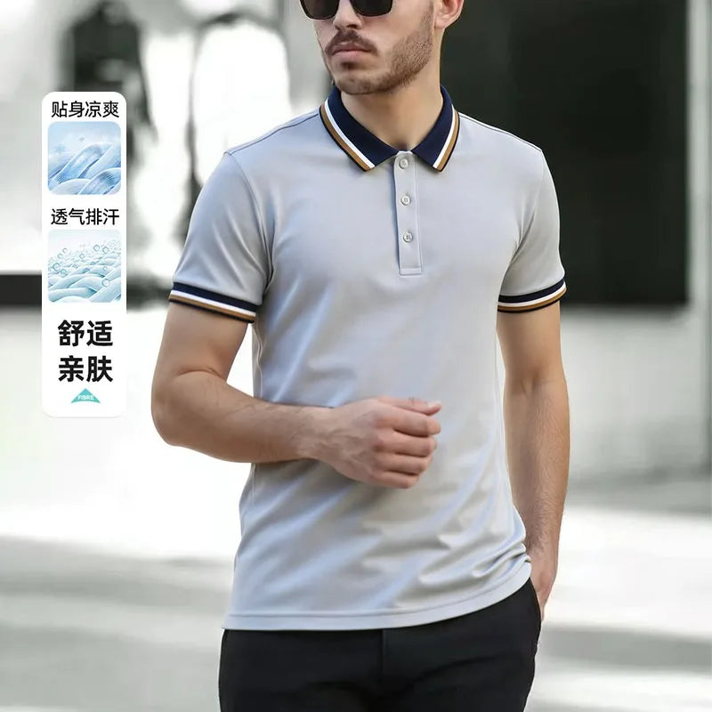 Summer Short Sleeve Men's Solid Color Casual Lapel Polo Shirt Fashion Button Top