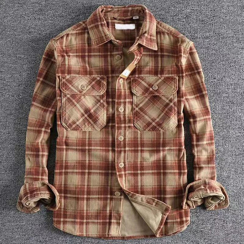 Japanese Vintage Men's Plaid Long Sleeve Shirt Spring Autumn Fashion Comfortable Corduroy Artistic Trendy Classic Shirts Tops