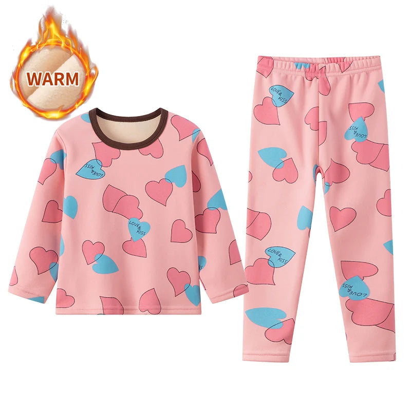2-piece winter plus velvet children's cute printed pattern long-sleeved trousers for boys and girls Joker pajamas home service s