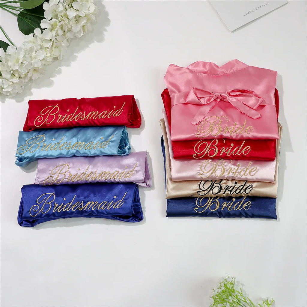 Bride Bridesmaid Wedding Robe Embroidery Kimono Bathrobe Gown Nightgown Casual Satin Short Women Sexy Nightwear Sleepwear