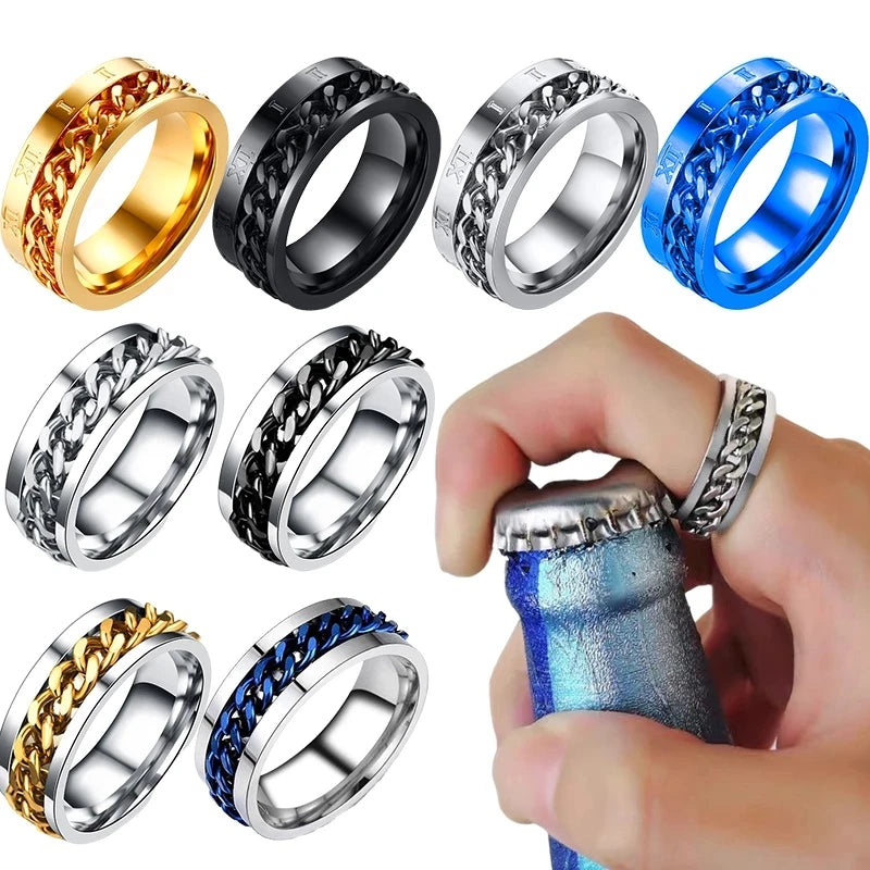 Titanium Steel Rotatable Chain Rings Men Women Stress Ring For Anxiety Couple Jewelry 8mm Corkscrew Rings Multifunctional Gift