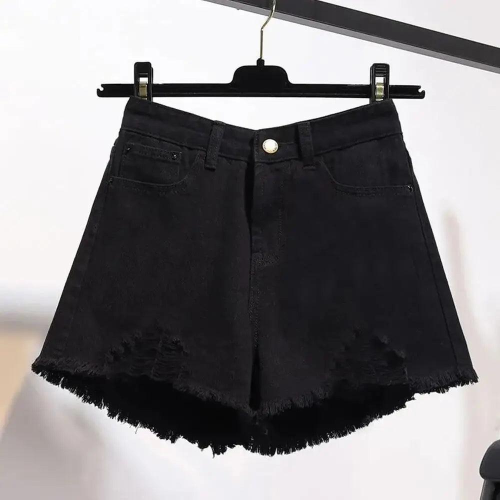 Summer Women's Cowboy Shorts Korean High Waist Casual Denim Shorts Pocket Tassel Perforated Ripped Holes Y2K Girls White Jeans