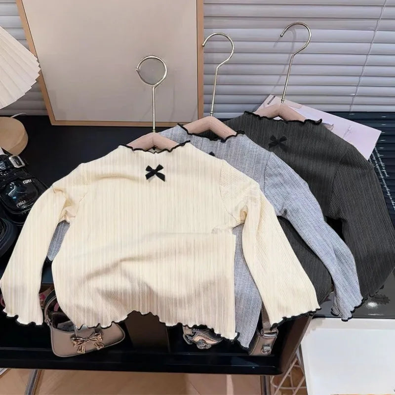 6M-8Y Girls' Long Sleeved T-shirt Children's Ruffled Edge Bow Knitted Tops 2025 Autumn New Versatile Base Shirt for Baby Girls