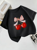 Girls' Casual Short Sleeve Round Neck T-Shirt Summer with Fabric Playful Casual Shirts for Girls Cherry Graphic Tee Comfortable