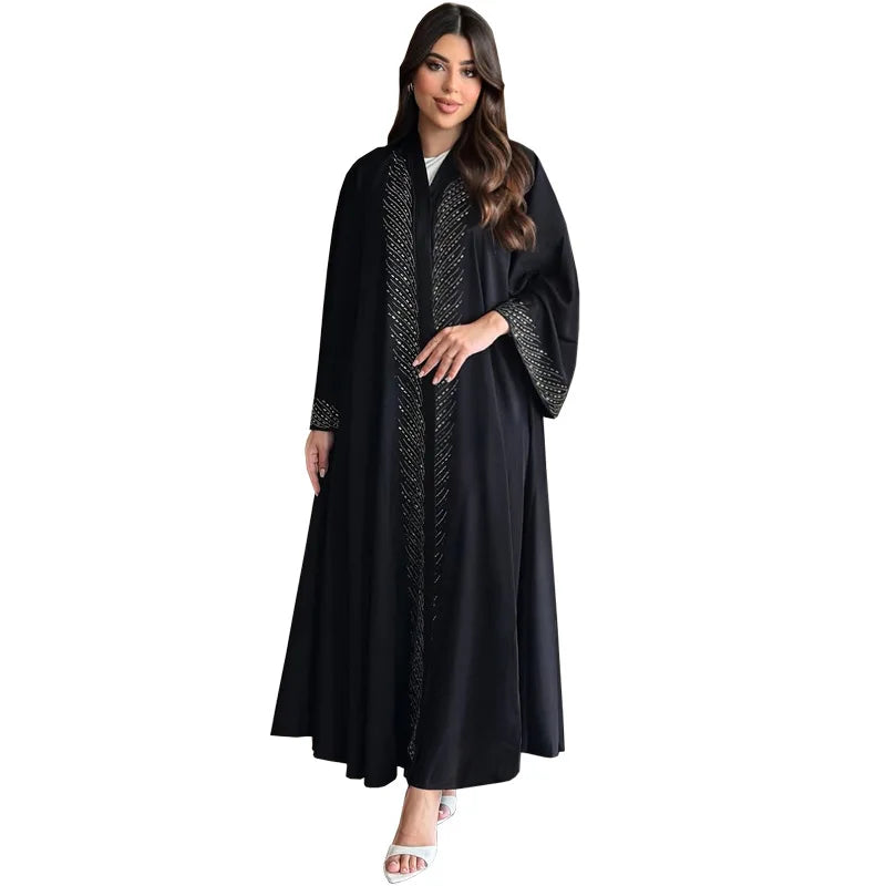Fashionable Black Long Open Cardigan Abaya with Rhinestones Loose Polyester Midi Dress for Women in Dubai Autumn 2025