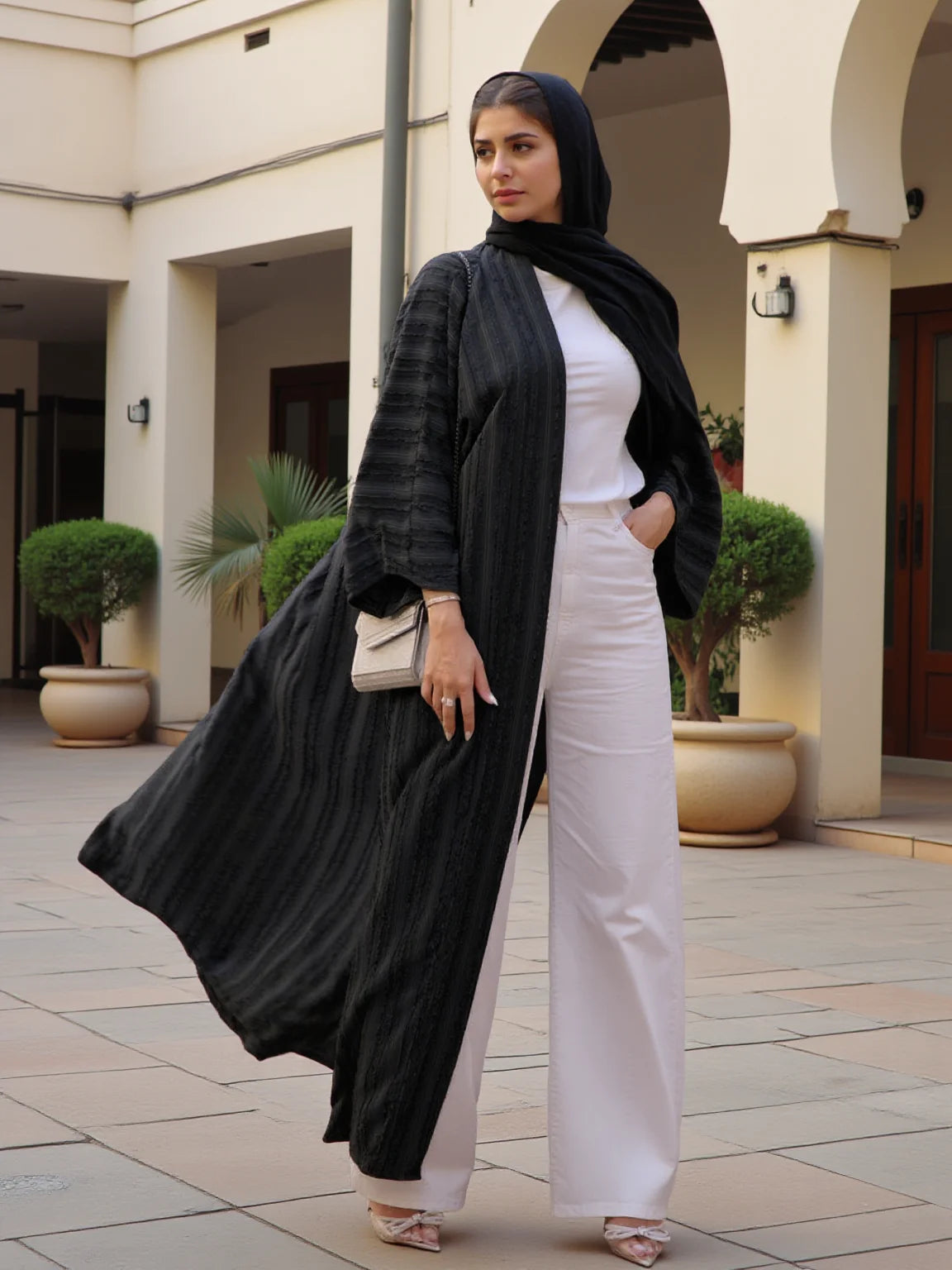 2025 Dubai Muslim Open Black Abaya Striped Retro Ethnic Cardigan Robe Dubai Middle Eastern Saudi Arabia Eid Clothes Black