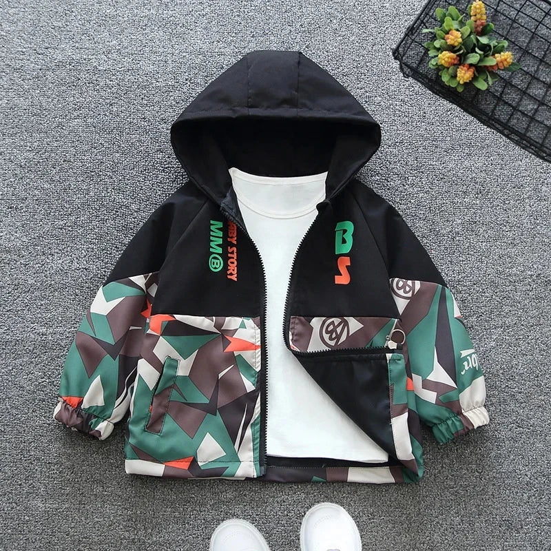 Kids Hooded Jackets Spring Boys Zipper Thin Windbreaker Coat Casual Print Girls Punching Children Outerwear Camouflage Jacket