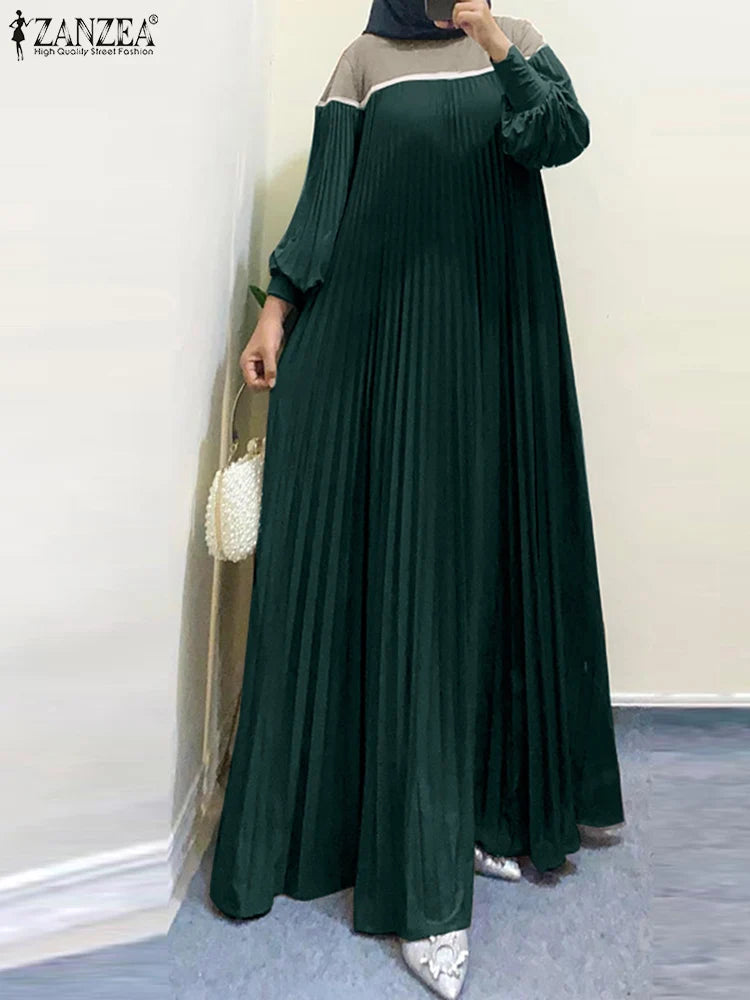 ZANZEA Muslim Women Color-Block Maxi Dress Plisse Patchwork Trendy Islamic Long Sleeve Abaya Robe Hijab O Neck Pleated Vestidos