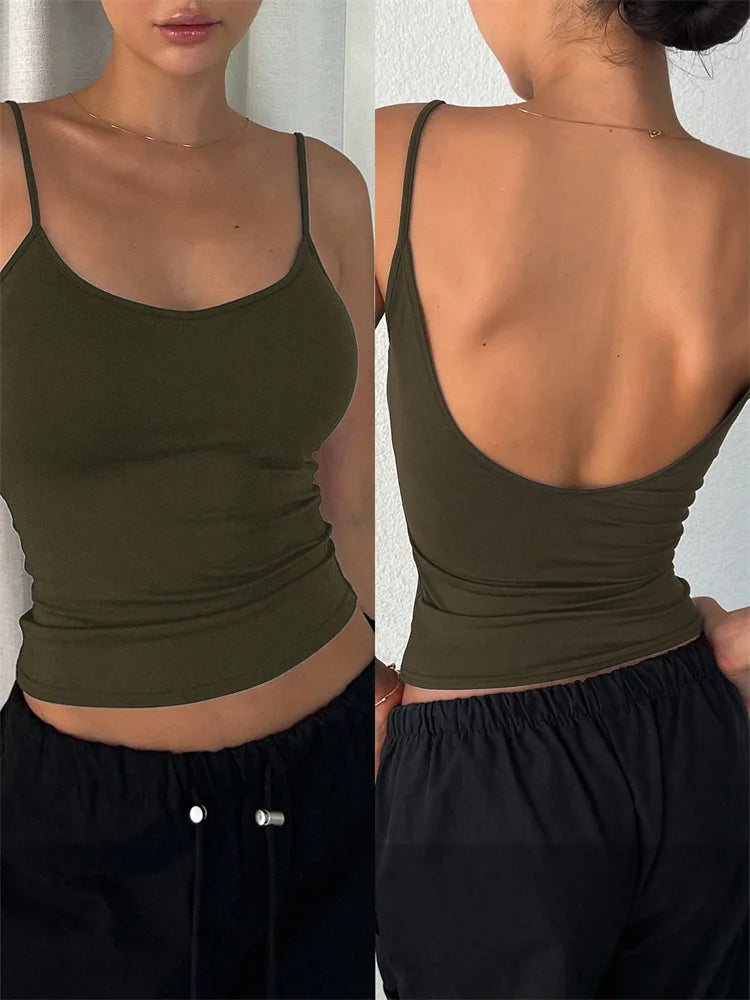 Women Backless Cami Crop Top Summer Solid Color Casual Sleeveless Top Streetwear Y2K Clothes