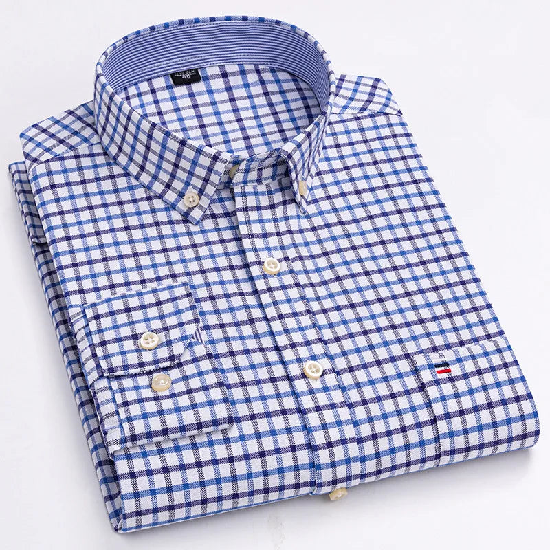Men's 100% Cotton Shirt Long Sleeve Plaid Oxford Casual Solid Color Print Regular Fit Formal Dress Shirt Oversized 7XL  6XL 5XL